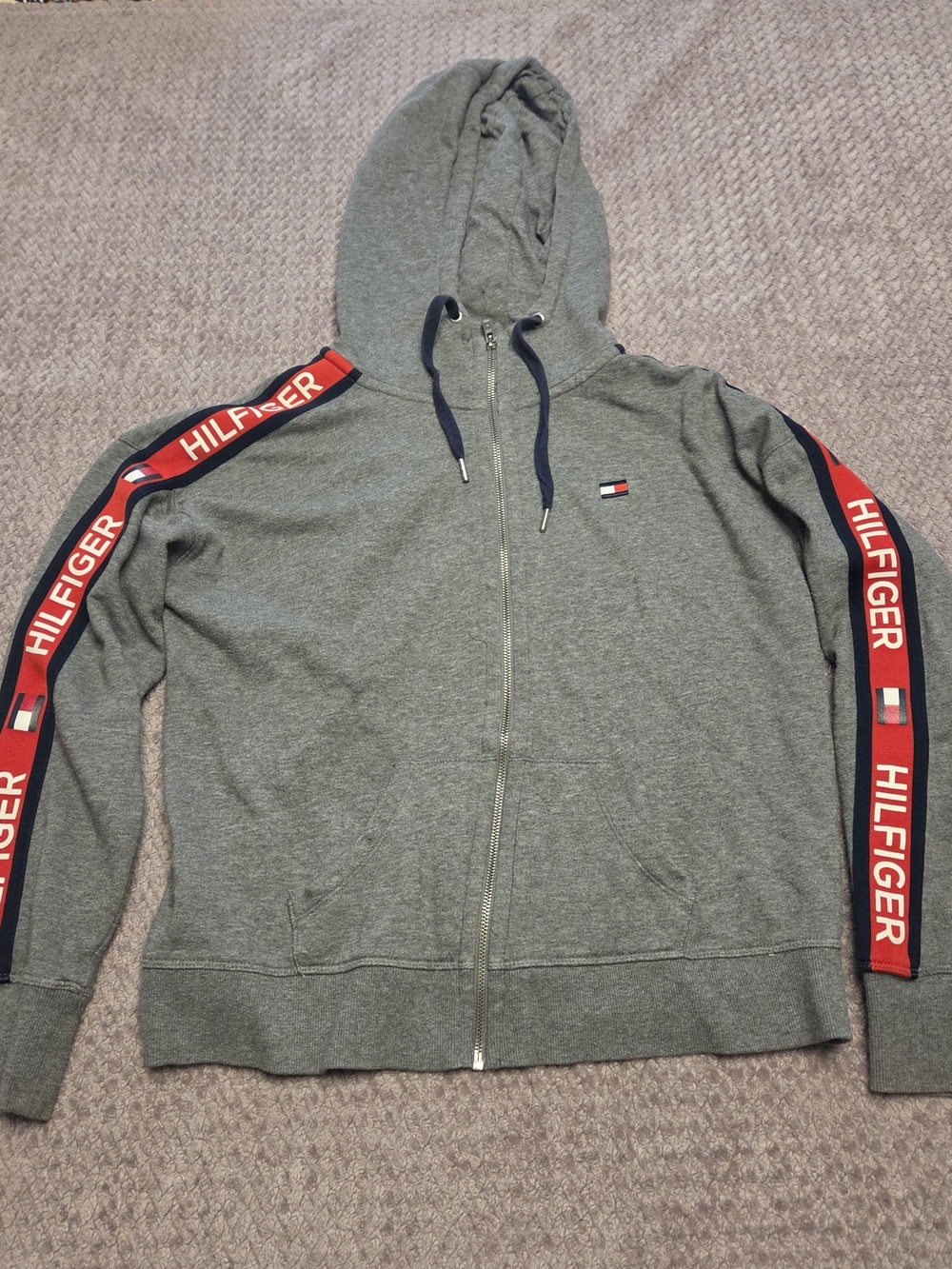 Tommy Hilfiger Gray Zip-Up Hoodie with Red Logo Tape
